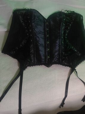 2X Adore Me Black Silver Lace Corset Bustier with Garter Straps